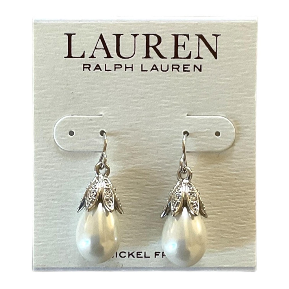 Lauren Ralph Lauren Faux Pearl Drop Earrings Silver Tone Rhinestones French Wire
